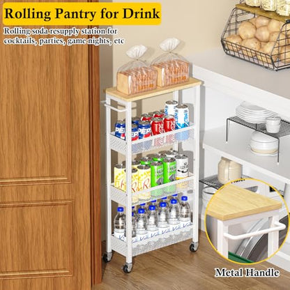 OKZEST Slim Laundry Room Organization Cart with Upgraded Metal Hub Casters | Fits between washer & dryer, 4-Tier space-saving narrow rolling cart, Premium wood top & metal mesh shelf, with handle & hook - color: White, size: 7.1 Inch Wide