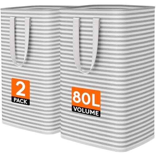 Lifewit 2 Pack Laundry Basket 80L Each, Collapsible Clothes Hamper with Reinforced Handles, Freestanding Waterproof Design for Bedroom and Laundry Room, Grey 160L Total - color: Grey, size: 80L