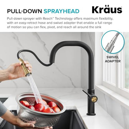 KRAUS Torak Pull Down Kitchen Faucet in Spot-Free Brushed Brass/Matte Black with 2 Function Sprayer, Pre-Attached Water Lines, and Mounting Hardware, KPF-2841SFBBMB - color: Spot Free Brushed Brass/Matte Black, style: Pull-Down Square Arc Faucet