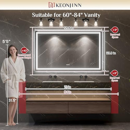 Keonjinn 60 x 36 Inch Lighted Mirrors for Bathroom Wall, Bluetooth Speaker | Frontlit & Backlit LED Mirror for Bathroom, 3000K/4500K/6000K, HD Tempered Glass, Dimmable, Fast & Safe Defogging, CRI90+ - size: 36"L x 60"W