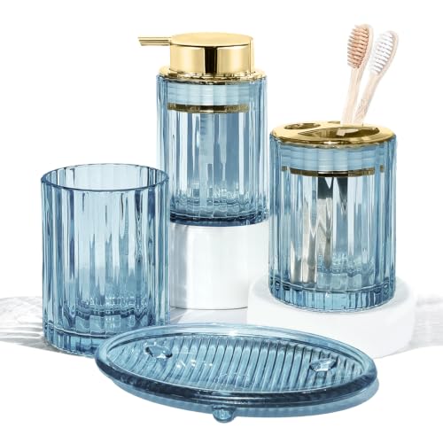 CERBIOR Bathroom Accessories Set, 4 PCS Glass Bathroom Set,Golden Blue | Includes Soap Dispenser, Toothbrush Holder, Toothbrush Cup, Soap Dish for Decorative Countertop and Housewarming Gift - style: Grey Blue