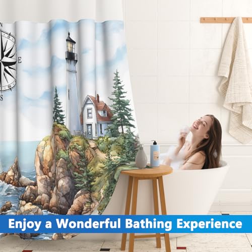 No Hook Shower Curtain and Liner Set, Seaside Lighthouse Pattern Shower Curtain No Hooks with Snap in Liner, 71x74in Easy Hang Shower Curtains for Bathroom with Mesh Top Window and Weighted Hem - color: Lighthouse