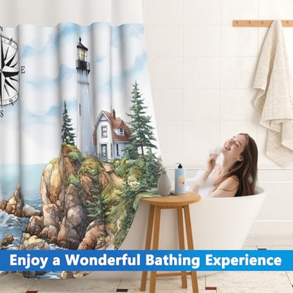 No Hook Shower Curtain and Liner Set, Seaside Lighthouse Pattern Shower Curtain No Hooks with Snap in Liner, 71x74in Easy Hang Shower Curtains for Bathroom with Mesh Top Window and Weighted Hem - color: Lighthouse