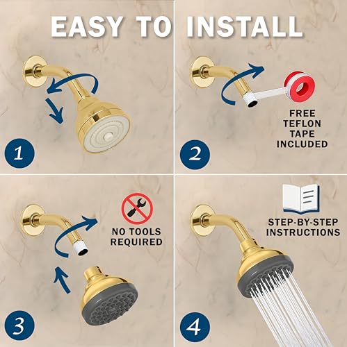 Aqua Elegante Pressure Boosting Shower Head - 1.8 GPM - Polished Brass | 3 Inch Wall Mount, Water Saving Showerhead, Best For Low Flow Showers With Anti-Clog Nozzles & Adjustable Brass Fitting - color: Polished Brass, size: 1.8 GPM