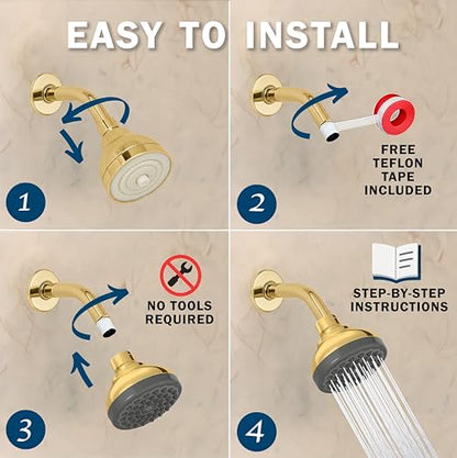 Aqua Elegante Pressure Boosting Shower Head - 2.5 GPM - Polished Brass | 3 Inch Wall Mount, Water Saving Showerhead, Best For Low Flow Showers With Anti-Clog Nozzles & Adjustable Brass Fitting - color: Polished Brass, size: 2.5 GPM