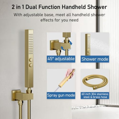 STARBATH Shower Faucet Set Shower System with Diverter Valve, Brushed Gold | 12 Inch Ceiling Mount Rain Shower Head, 6 Inch Wall Mount Rainfall Shower Head and 2-in-1 Handheld Spray for Two Person - color: Gold, size: 12"+6"-03