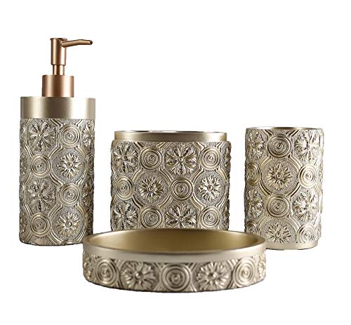 Hymmah Bathroom Accessories Set,Golden Design Toothbrush Holder,Farmhouse Bathroom Decor,4 Pcs Resin Gift Set Apartment Necessities, Contain Toothbrush Cup,Soap Dispenser,Soap Dish,Tumbler - color: Golden Petal