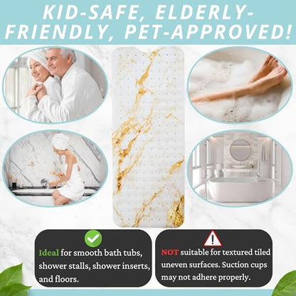 ENKOSI Non-Slip Bath & Shower Mat 40x16 Extra Long, Suction & Drain Holes | Elegant White Gold Marble print; Durable PVC; 40x16 in, White Gold Marble - color: Marble White Gold