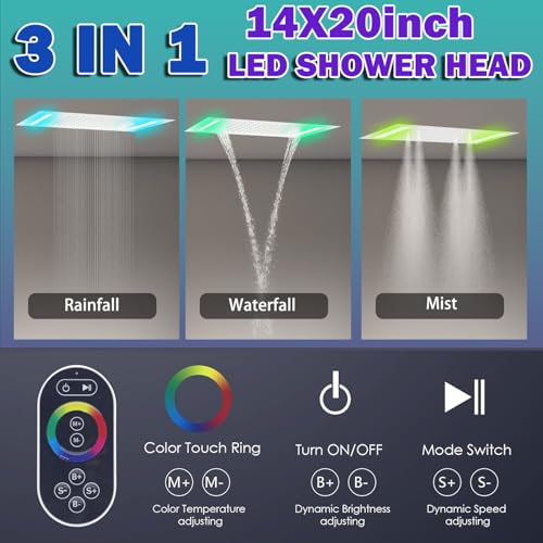 AYIVG Thermostatic Full Body Rainfall Shower System Dual 3 Way Diverter Valve 6 Function Ceiling Mount 14x20" ShowerHeads With 6 Jets 2 Handheld Shower Set (Chrome) - color: Chrome