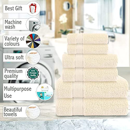 6 Piece 100% Cotton Bath Towel Set -2 Bath 2 Hand 2 Face, Cream | 100% Cotton • Thick & Plush • Hotel Quality • Ultra Soft • Highly Absorbent • Quick Dry • Low Lint • Machine Washable - color: Cream