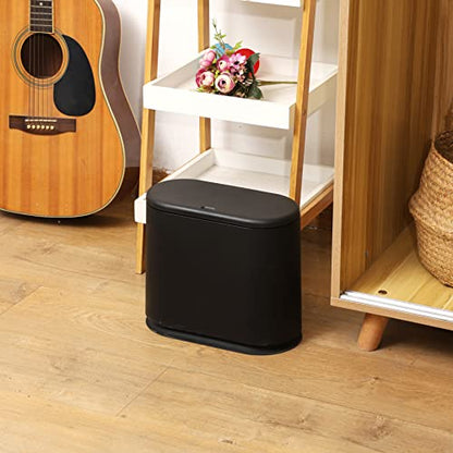 Black Slim Bathroom Trash Can with Press Top Lid,12 Liter Small Thin Garbage Can,3.17 Gallon Narrow Dog Proof Plastic Waste Basket and Covered Wastebasket for Room,Bedroom,Kitchen,Toilet,Office,Dorm - color: Black