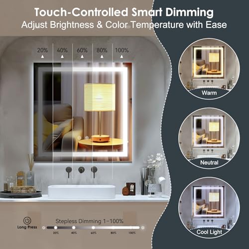 LED Lighted Bathroom Mirror with Anti-Fog, Square Wall Mounted Vanity Mirror with Smart Touch Button, Memory Function, Adjustable Warm White/Natural/Daylight Lights(24x24 inches) - size: 24"L x 24.1"W