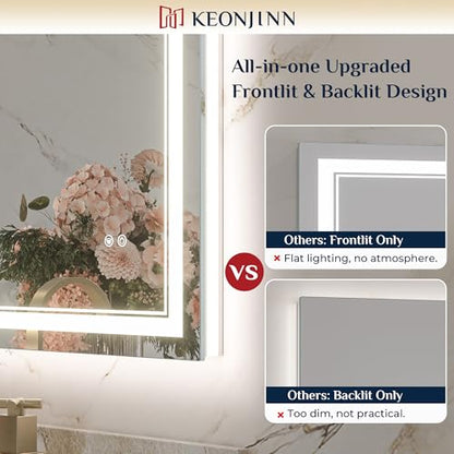 Keonjinn 28" x 36" Lighted Mirrors for Bathroom Wall, Safe Tempered Glass | Frontlit & Backlit, 3000K/4500K/6000K, Dimmable, Energy-Saving Power Driver, Anti-Fog, Smart LED Bathroom Mirror with Lights - size: 36"L x 28"W