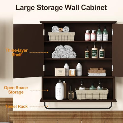 RoyalCraft Bathroom Medicine Cabinet Wall Mounted, Over the Toilet Storage Cabinet with Towel Rack and Adjustable Shelf, Large Bathroom Towel Cabinet Wall Mount 22x25 inch (Brown) - color: Brown