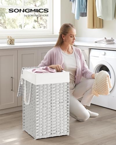 SONGMICS Laundry Hamper with Lid, 17.2 Gallon (65 L) Synthetic Rattan Clothes Laundry Basket with Lid and Handles, Foldable, Removable Liner, Cloud White ULCB165W01 - color: Cloud White, size: 65 L