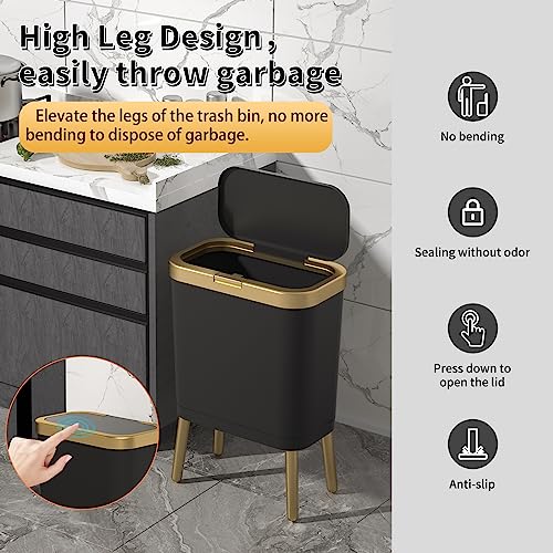 Procade Office Trash Can with Lid, Black Bathroom Trash Can with Gold Edge, Modern Narrow Garbage Can with Legs, Slim Plastic Trash Bin for Bedroom, Living Room,Kitchen,Toilet, 4 Gallon - color: Black