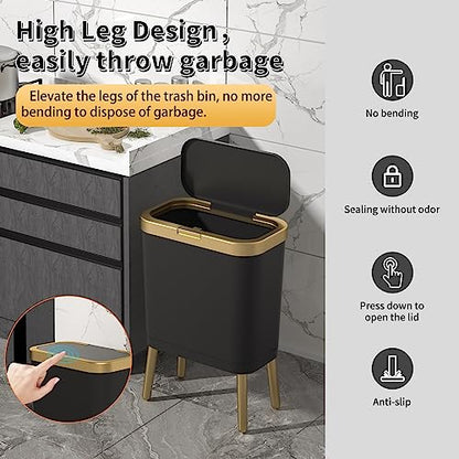 Procade Office Trash Can with Lid, Black Bathroom Trash Can with Gold Edge, Modern Narrow Garbage Can with Legs, Slim Plastic Trash Bin for Bedroom, Living Room,Kitchen,Toilet, 4 Gallon - color: Black