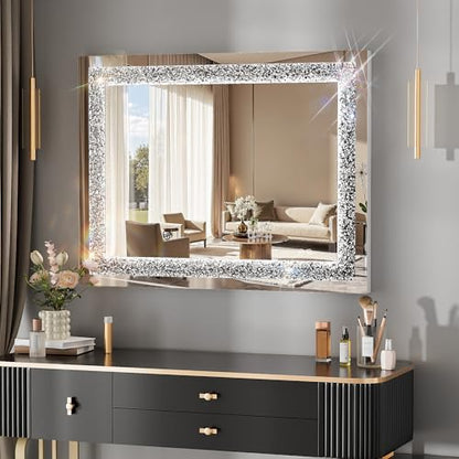 WINNICE 32" x 24" LED Diamond Wall Mirror, Dim & Anti-Fog | Crystal glass, dimmable & anti-fog, mounts vertical/horizontal, ideal for bathroom, bedroom, living room. - size: 24"L x 32"W