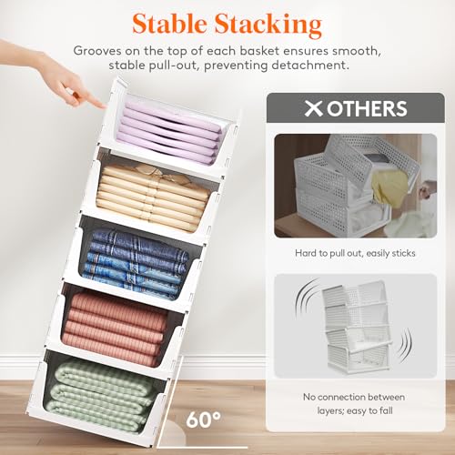 Lifewit Stacking Closet Organizers Shelf for Clothes 6 Pack 14" Depth | open front basket, top shelf storage bins, store clothing sweater jeans, for Pantry, Kitchen, Dorm