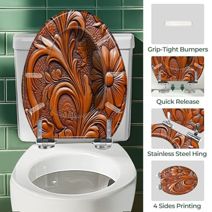 Elongated Resin Toilet Seat, Quietly Close Quick Release Hinges Cover | Toilet Lid Cover Easy to Clean and Install, Hand Tooled Leather Heavy Duty Toilet Seat - color: pattern4, size: V-shape