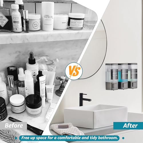 Shower Shampoo Dispenser 3 Chamber No Drill, Grey | Wall Mounted, Large Capacity 3×16.9oz, ABS Plastic Material, Refillable With Labels, For Bathroom Hotel - color: Dm35-grey