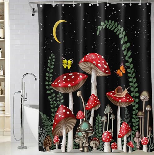 Extra Long Black Mushroom Shower Curtains 72 x 84 Inch, Waterproof Fabric Rustic Retro Mushroom Moon Butterfly Shower Curtain for Bathrooms - color: Black Mushroom, size: 72"W x 84"L (Pack of 1)