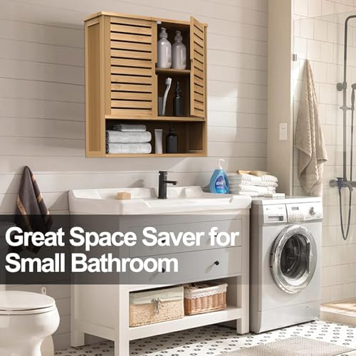 Bamboo Bathroom Cabinet,Bathroom Wall Cabinet with 2 Doors & 3 Tier Shelves | Medicine Cabinet,Over the Toilet Storage Cabinet,Bamboo Wall Storage Cabinet for Laundry Room & Living Room Kitchen