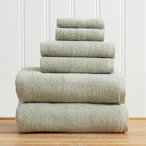 Great Bay Home 100% Cotton 6 Piece Towel Set - Absorbent, Quick-Drying, Textured Weave Bath Towels for Bathroom - Zero-Twist Fibers (Eucalyptus). - color: Eucalyptus, size: 6 Piece Set