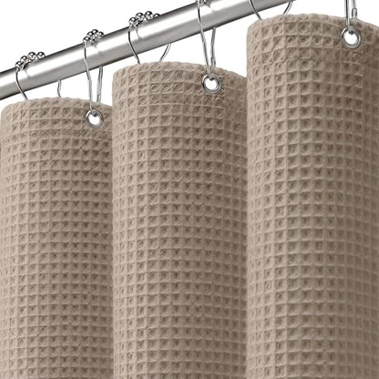 Extra Long Waffle Shower Curtain Heavyweight Cotton Fabric Beige 72Wx84L | Soft Cotton Cloth,3D Square Truely Waffle Washable, Hotel Luxury Spa, Shower Curtain Set for Bathroom 12 Plastic Hooks - color: Beige, size: Extra Long 72"W x 84"L