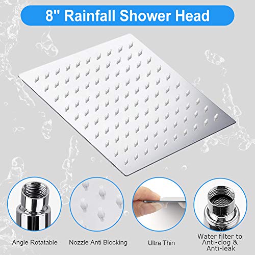 Shower Head , 8 Inch High Pressure Rainfall Shower Head / Handheld Showerhead Combo with 11 Inch Extension Arm, Anti-leak Shower Head with Holder/ Hose, Flow Regulator, Chrome - color: Silver, size: 8 Inch
