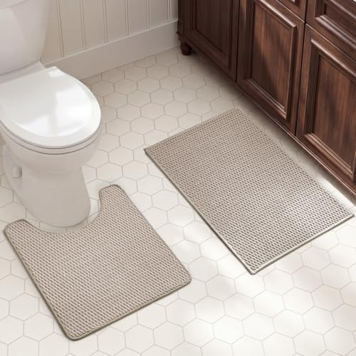TYUU Bath Mat Set 2 Piece, Bathroom Rugs Non Slip Washable & Toilet Mat | Non Slip Quick Dry Absorbent Thin Low Pile Bathroom Mats, Washable Bath Rugs 2 Pc Set: 20x30 Mat & Toilet Mat 20x24 in. Beige - color: Beige, size: 20"x30" + 20"x24" U Shape