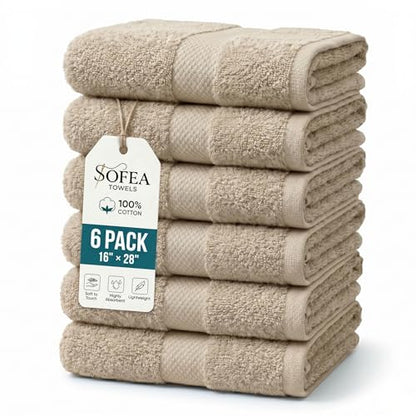 Sofea Hand Towels 6 Pack (16 x 28 Inches) 100% Cotton Bathroom Towels, Soft Absorbent Quick Dry Hand Towels for Bathroom Kitchen - color: Beige