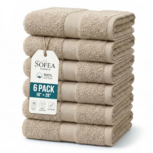 Sofea Hand Towels 6 Pack (16 x 28 Inches) 100% Cotton Bathroom Towels, Soft Absorbent Quick Dry Hand Towels for Bathroom Kitchen - color: Beige