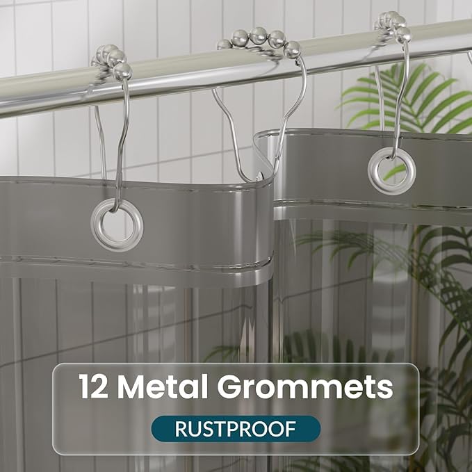 Clear Heavyweight PEVA Shower Curtain Liner, Waterproof Shower Liner Rustproof Metal Grommets with Weighted Magnetic Hem, BPA-Free, 72 x 72 Inches Clear Grey