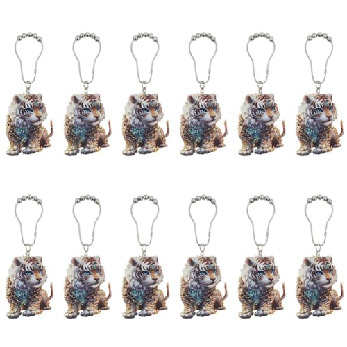 Tiger Shower Curtain Hooks Set of 12, Animal Theme Room Decor | Rustproof Metal Stainless Steel Curtain Rings, Decorative Acrylic Tiger Forest Wildlife Park Theme Bathroom Decor Set