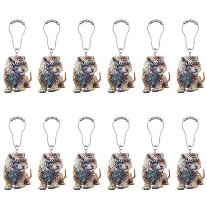 Tiger Shower Curtain Hooks Set of 12, Animal Theme Room Decor | Rustproof Metal Stainless Steel Curtain Rings, Decorative Acrylic Tiger Forest Wildlife Park Theme Bathroom Decor Set