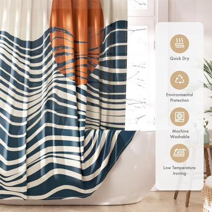 AmazerBath Boho Shower Curtain, 72x72 Washable Cloth Navy Sea and Sunset Shower Curtain with 12 Hooks, Fabric Rustic Shower Curtain Set, Farmhouse Modern Tan Shower Curtains for Bathroom Camper RV - color: B- Art Sunset+12 Metal Hooks, size: 72"W x 72"L (