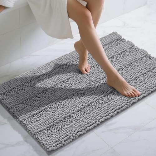 Yimobra Bathroom Rug Mat 44 x 24, Non Slip and Super Absorbent Bath Mat,Machine Washable Quick Dry,Ultra Plush Chenille Shower Rugs for Bathroom Floor Sink Tub and Shower Outside,Gray - color: Grey, size: 44" X 24"