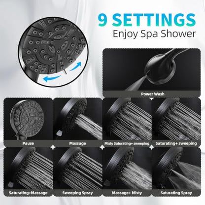 Shower Head, 9 Settings High Pressure shower head with handheld, Built-in Pause Mode & Power Wash, Non-Clogging Nozzles, 6ft Hose,Bracket (Matte Black) - color: Matte Black