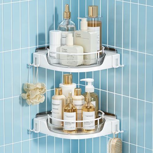 360° Rotating Corner Shower Caddy, 2-Tier Adhesive Shower Organizer Shelf with Removable Clear Trays, No-Drill Bathroom Storage Rack for Shampoo, Body Wash & Shower Essentials,White - color: White