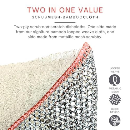 Scrubbing Dishcloths 2ply Mesh Scrub Reusable Dishrag 6pk 6x7in | 2-Sided Bamboo-Rayon Kitchen Cloth + Silver Mesh, Non-Scratch, Thin, Ultra-Light, Durable, Fast-Drying, Odorless, Washable - color: Modern Pastels, size: 6" x 7" -6 Pack