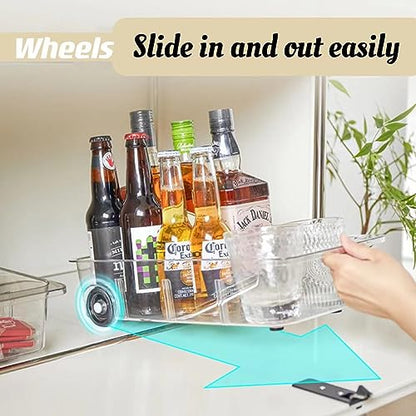 Roll-Out Refrigerator Organizers and Storage, 2 Pack Drawer Fridge Bins | Silicone Wheels, Adjustable Dividers, Thick Clear PET, Built-In Handle, for Fridge, Pantry, Bathroom & Kitchen Organization - size: 2pack