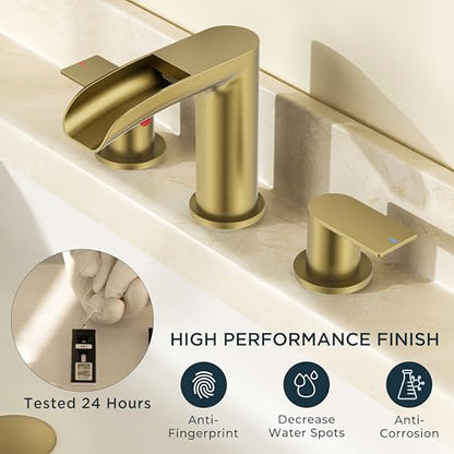 FORIOUS Bathroom Faucet 3 Hole Widespread Sink 8 Inch 2 Handle Brushed Gold | 3-hole 6-12 Inch Widespread Sink, Waterfall Faucets, with Drain and Hoses,for Vanity Rv Commercial Lavatory Restroom Basin - color: Brushed Gold