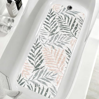 Large Shower Mat Non Slip, Yonala Premium Anti Slip Bath Mat for Tub, 40 x 16 Inch Extra Long Bathtub Mat with Suction Cups and Drain Holes, Easy Clean - color: Leaf