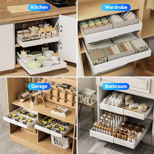 21 Inch Deep Pull Out Cabinet Organizer 2 Pack, Expandable Slide Out Drawers for Cabinet Shelves Heavy Duty with Adhesive Nano Film for or Kitchen, Bathroom, Pantry, Under Sink Storage (White)