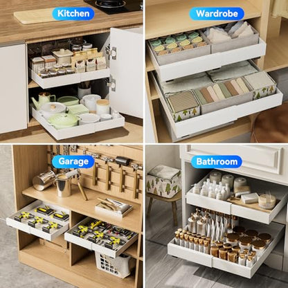 21 Inch Deep Pull Out Cabinet Organizer 2 Pack, Expandable Slide Out Drawers for Cabinet Shelves Heavy Duty with Adhesive Nano Film for or Kitchen, Bathroom, Pantry, Under Sink Storage (White)