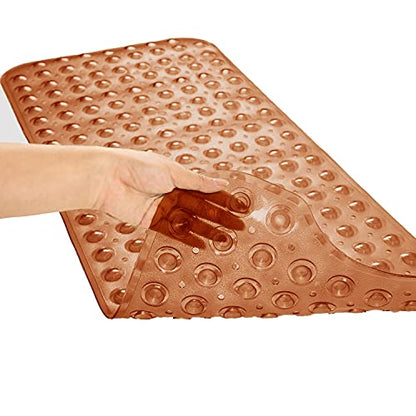 TEESHLY Bathtub Mats for Shower Tub, Extra Long Non-Slip 39 x 16 Inch Bath Mat with Drain Holes and Suction Cups, BathMat for Bathroom with Machine Washable (Clear Brown) - color: Clear Brown