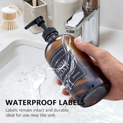 Soap Dispenser Set – 16oz Refillable Amber Glass Bottles with Brush Holder, Dish Scrub, Diatomite Tray, 12 Waterproof Labels – Brown Non-Slip Base for Home Upgrade, Rustic Farmhouse Style (Set of 6)