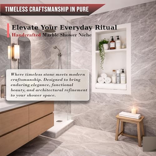 16" X 24" White Marble Shower Niche for Bathroom Shelf | Recessed Wall Insert | Rectangular 2 Shelves Storage Bathroom Organizer | No Tiles Needed (Pure White)