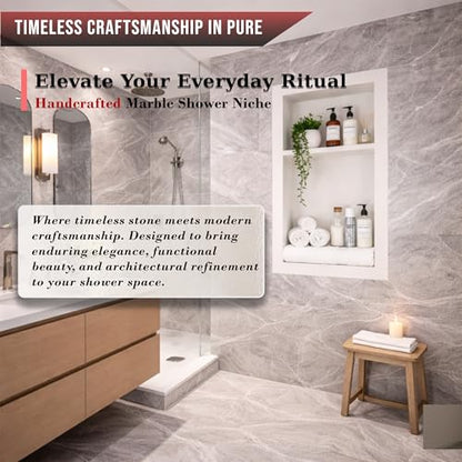 16" X 24" White Marble Shower Niche for Bathroom Shelf | Recessed Wall Insert | Rectangular 2 Shelves Storage Bathroom Organizer | No Tiles Needed (Pure White)
